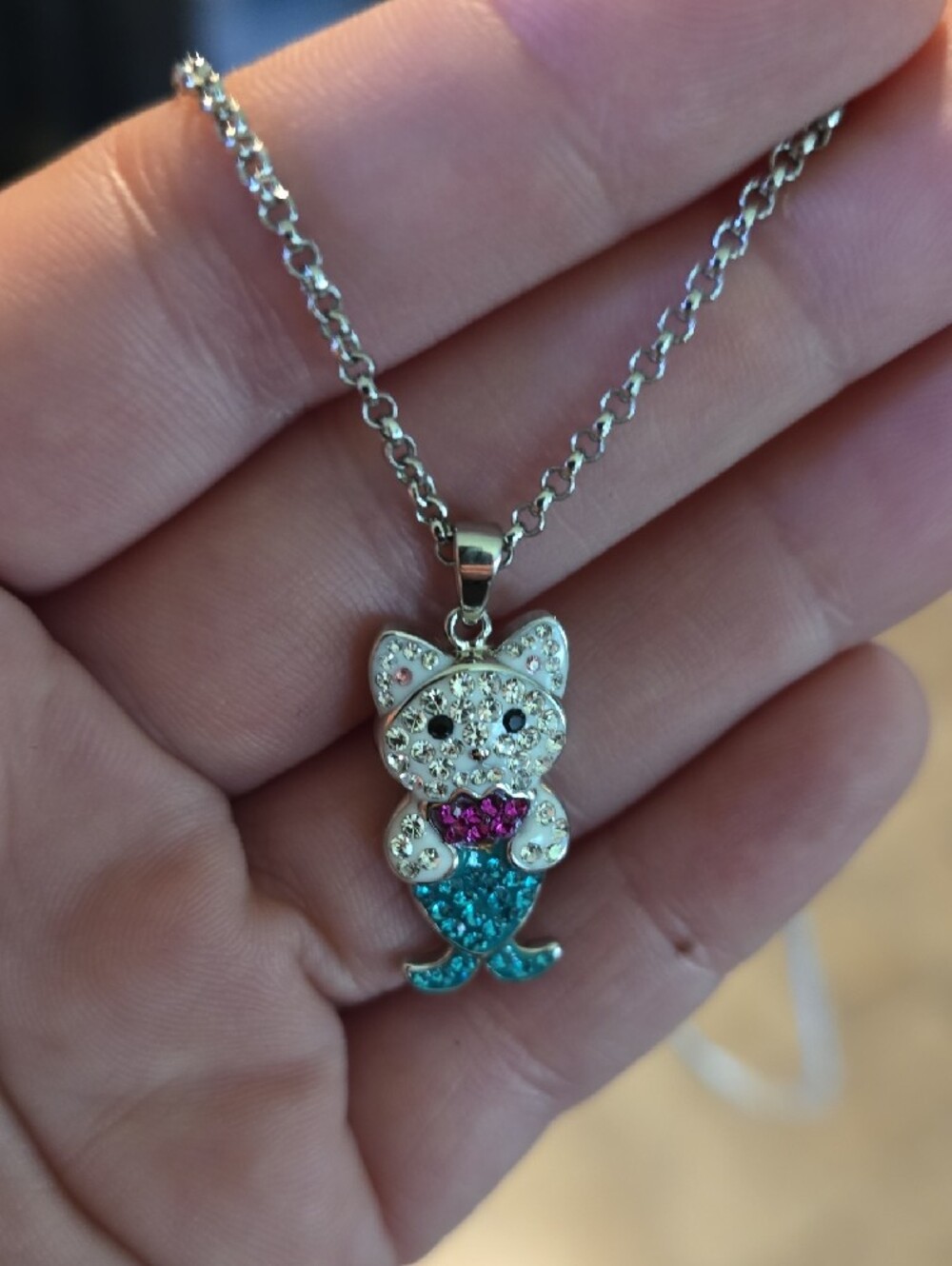 Silver Cat Mermaid Pendant Necklace with Pink and Teal Crystals - Picture 9 of 9